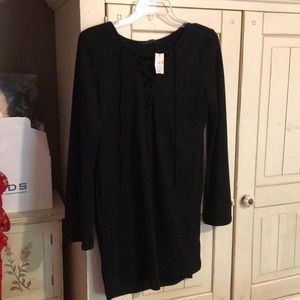 Black faux suede dress with tie up front